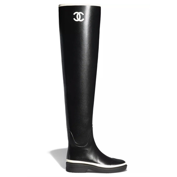 Chanel 22K Black White Caoutchouc CC Logo Thigh High Pull On Rubber Rain Boot 38 - Picture 1 of 11